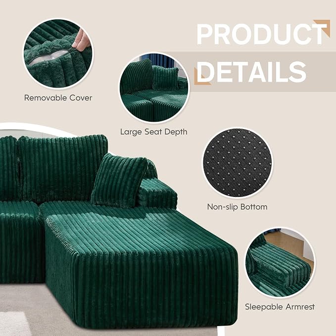 Hobestluk Boneless Couch Modular Sectional Sofa L-Shape Oversized Chaise | 108" Right Facing Chaise Green,Memory Foam,Removable Cover,Non-slip Bottom,No Assemble Required,Living Room Furniture