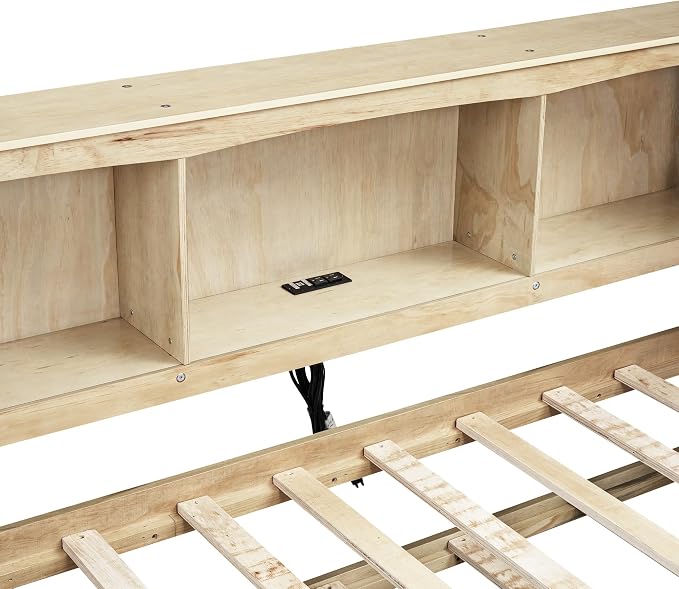 Bellemave Twin Corner Bed Frame with Trundle and USB Ports, Wood Twin Size Daybed with L-Shaped Bookcase，Daybed with Storage Cabinets, Wood Color