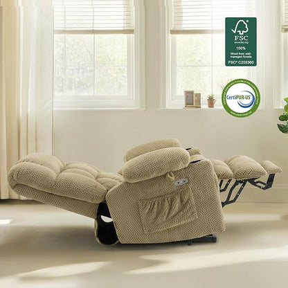 MCombo Dual Motor Power Lift Recliner Chair with Massage and Heat for Elderly People, Infinite Position, USB Ports, Cup Holders, Fabric 7890 (Medium, Beige)