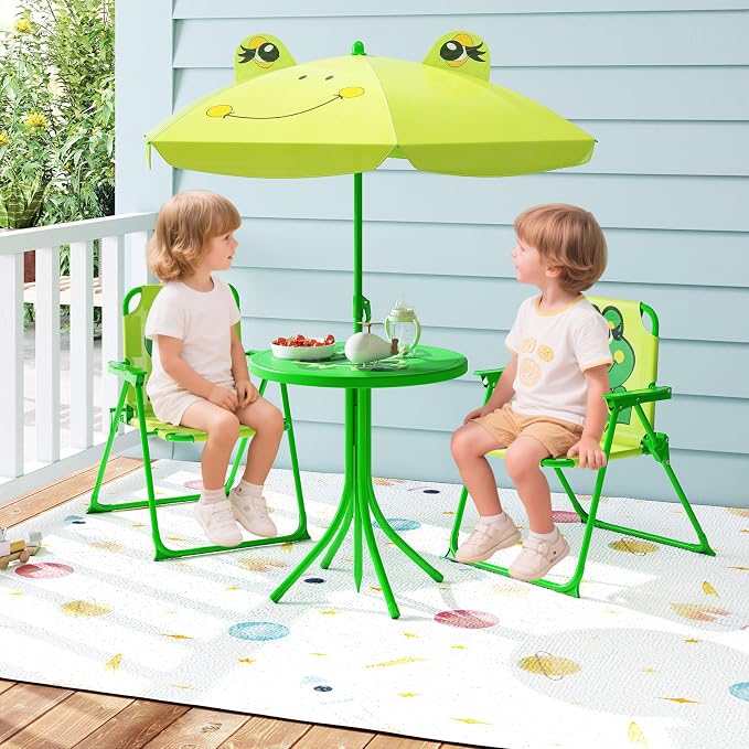 HONEY JOY Kids Picnic Table, Animal Themed Toddler Outdoor Table and Chair Set, 2 Folding Chairs & Removable Umbrella, Children Outdoor Furniture for Backyard Patio Garden (Light Green Frog)