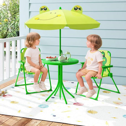 HONEY JOY Kids Picnic Table, Animal Themed Toddler Outdoor Table and Chair Set, 2 Folding Chairs & Removable Umbrella, Children Outdoor Furniture for Backyard Patio Garden (Light Green Frog)