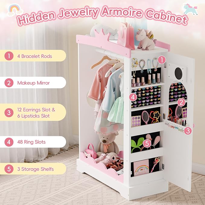 Xilingol Kids Armoire with Jewelry Cabinet, Dress up Storage with Mirror, Princess Dress Closet and Costumes Wardrobe Closet, Costume Organizer for Bedroom, Kids Room, Girls (White)