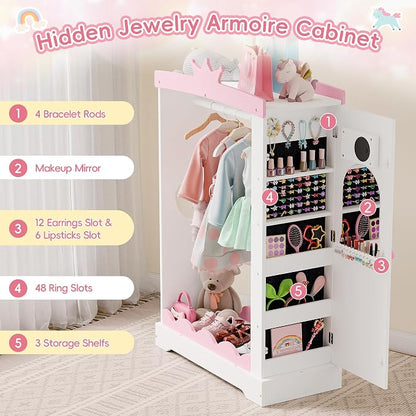 Xilingol Kids Armoire with Jewelry Cabinet, Dress up Storage with Mirror, Princess Dress Closet and Costumes Wardrobe Closet, Costume Organizer for Bedroom, Kids Room, Girls (White)
