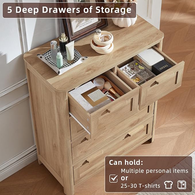 Joaxswe Farmhouse 5 Drawer Dresser for Bedroom, Vertical Dressers Chest of Drawers with 5 Deep Drawers & 4 Thickened Table Legs, Natural Wood