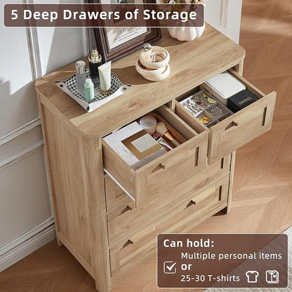 Joaxswe Farmhouse 5 Drawer Dresser for Bedroom, Vertical Dressers Chest of Drawers with 5 Deep Drawers & 4 Thickened Table Legs, Natural Wood
