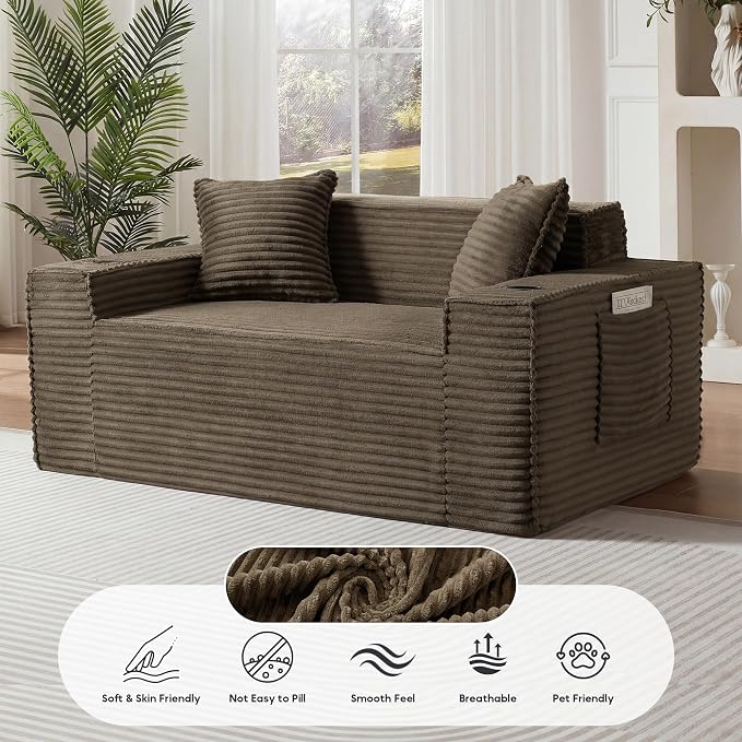 Boneless Sectional Sofa Couch with Cup Holders & Side Pockets, Modern Corduroy Fabric Deep Seat Loveseat Cloud Couch for Living Room Office, No Assembly (Brown)