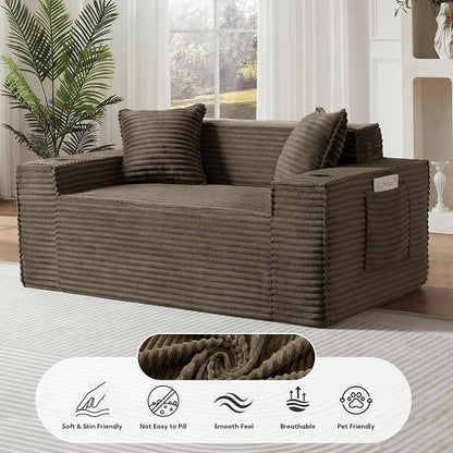 Boneless Sectional Sofa Couch with Cup Holders & Side Pockets, Modern Corduroy Fabric Deep Seat Loveseat Cloud Couch for Living Room Office, No Assembly (Brown)