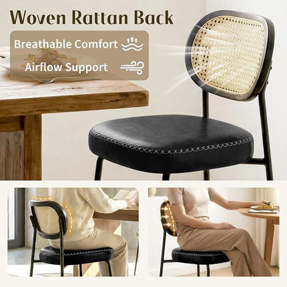 Rattan Dining Chairs Set of 4, Upholstered Dining Chairs with Handwoven Cane Back, Mid Century Modern Kitchen & Dining Room Chairs with Thick Cushion and Metal Frame, 300 lbs Capacity, Black