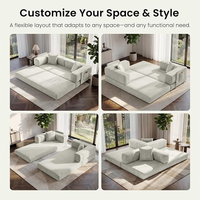 78.8" Convertible Sofa Bed,Corduroy Futon Couch with Storage Pocket,Folding Pull Out Futon Sofa,No Assembly Boneless Couch for Living Room, White