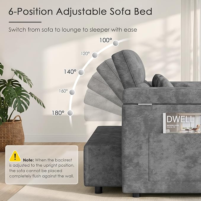 65'' Sleeper Sofa Bed, Pull Out Couch with Side Table | USB Charging Port | Adjustable Backrest | Chenille Fabric, Convertible Loveseat for Living Room, Apartment, Small Spaces (DeepGray)