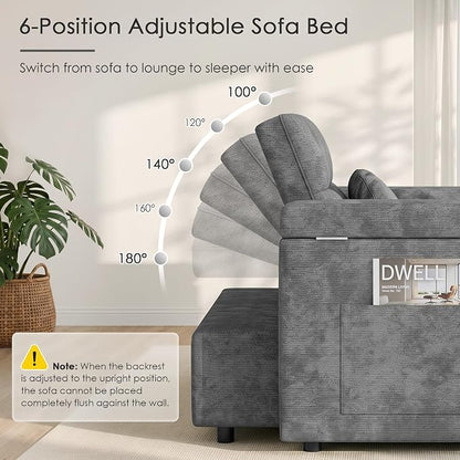 65'' Sleeper Sofa Bed, Pull Out Couch with Side Table | USB Charging Port | Adjustable Backrest | Chenille Fabric, Convertible Loveseat for Living Room, Apartment, Small Spaces (DeepGray)