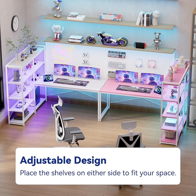 Pamray 49 Inch L Shaped Gaming Computer Desk with Shelves and Storage | Compact Reversible Design with LED Lights & Power Outlets, Suitable for Home Office Bedroom Small Spaces and Dorm Study Work