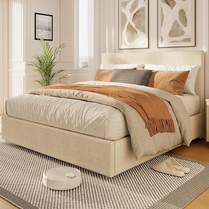 IDEALHOUSE Full Size Bed Frame with 4 Storage Drawers, Corduroy Upholstered Bed Frame with Tufted Wingback Headboard, Strong Wooden Slats Support, No Box Spring Needed, Beige
