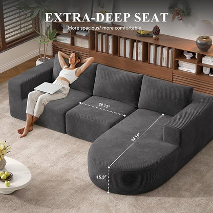 L-Shaped Boneless Couch,104" Couches for Living Room with Curved Chaise,Modular Sectional Sofa with Deep Seat,Modern Cozy Cloud Compression Sofas,No Assembly Required(Gray) 1PCS
