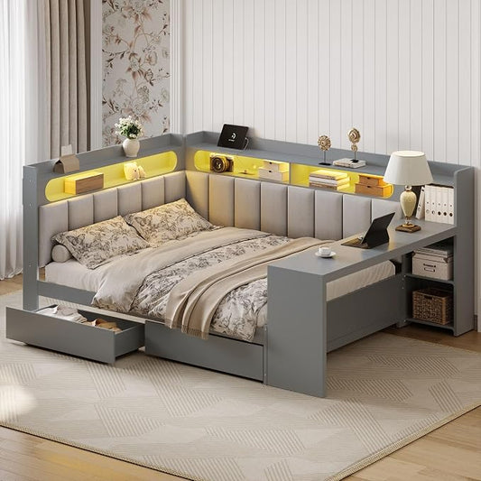 Bellemave Full Size Upholstered Daybed with Desk and Drawers and USB/LED Belt, Corner Bed with Trundle, L-Shape daybed for Bedroom Living Room, Gray（Linen）