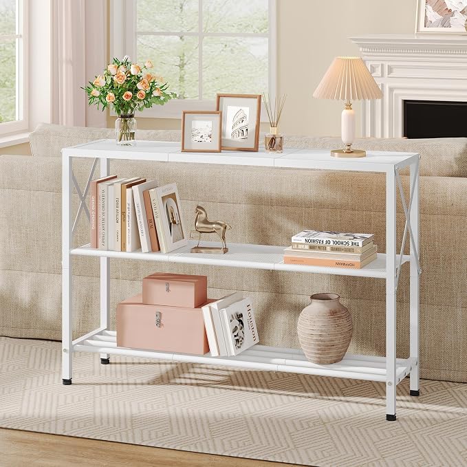 Hoctieon White Industrial Console Table, 3 Tier Entryway Tables, Hallway Desk, Narrow Sofa Tables with Shelves, Entrance Table for Entryway, Living Room, Foyer, Hallway, Office, White