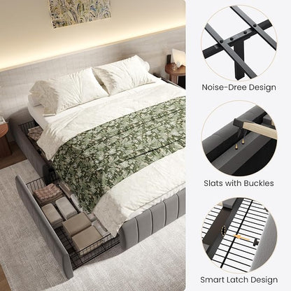 SHA CERLIN Queen Size Velvet Upholstered Platform Bed Frame with 4 Storage Drawers, Vertical Channel Tufted, Low Profile, Fits Standard Headboards, Wooden Slats Support, Easy Assembly, Grey