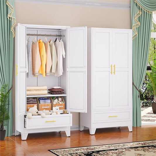 GAIOUS Metal Armoire Wardrobe Closet Cabinet with 2 Doors and Drawer, 71" | Household Wardrobe Cabinet with Hanging Rod, Clothing Storage Cabinet with Adjustable Shelf for Bedroom Cloak Room Gym White