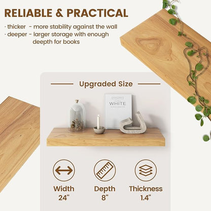 Floating Shelves for Wall Decor, 8" Deep Solid Elm Wood Floating Shelves Wall Mounted, Rustic Wall Shelves with Invisible Bracket for Living Room Bathroom Bedroom Kitchen, 24 Inch Set of 2, Natural