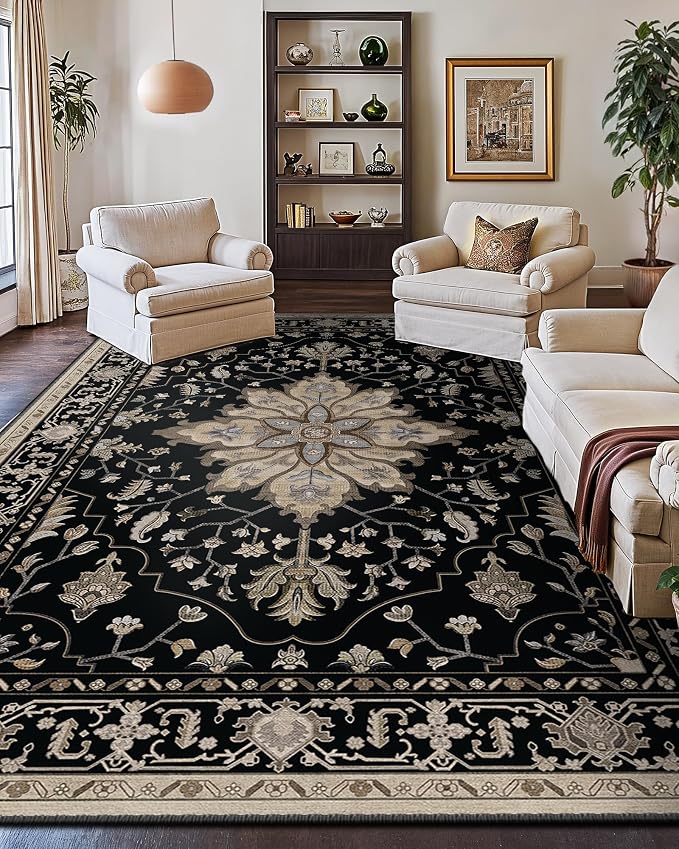 RELEANY Area Rugs Large 10'x14' Washable Non-Slip, Floral Vintage Distress Medallion Carpet for Living Room Bedroom Dining Room, Black Brown Neutral Dark Tan