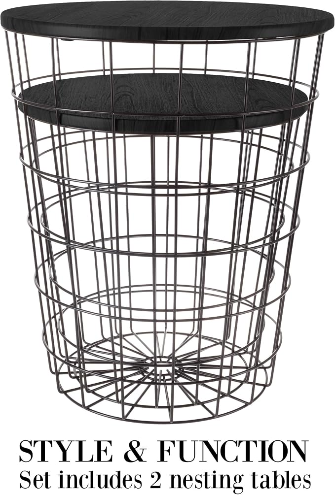 End Tables Set of 2 - Nesting Tables with Removable Wood Tops and Metal Basket Bases for Blanket Storage - Round Side Pieces for Living Room, Bedroom, or Home Office by Lavish Home (Black)