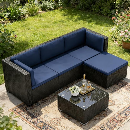SUNCROWN 5-Piece Outdoor Patio Furniture Set, All-Weather PE Rattan Sectional Sofa with Ottoman, Glass Coffee Table & Cushions, Modular Wicker Conversation Set for Backyard, Garden, Porch, Dark Blue