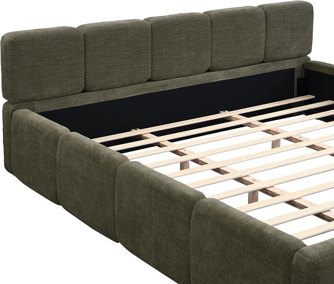 Merax California King Size Boucle Platform Bed with Thick Headboard and Footboard, Block Style Upholstery Floor Bed Frame, Green