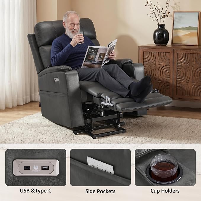 MCombo Lift Chair for Tall Man 6‘6’’, Dual Motor Power Lift Recliner Chair for Elderly, Lay Flat for Sleeping, Heat and Massage, USB & Type C, Faux Leather 7755 (Grey)