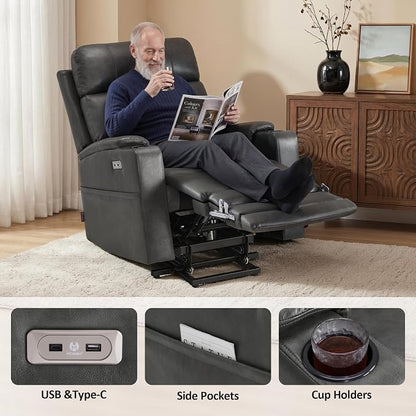 MCombo Lift Chair for Tall Man 6‘6’’, Dual Motor Power Lift Recliner Chair for Elderly, Lay Flat for Sleeping, Heat and Massage, USB & Type C, Faux Leather 7755 (Grey)