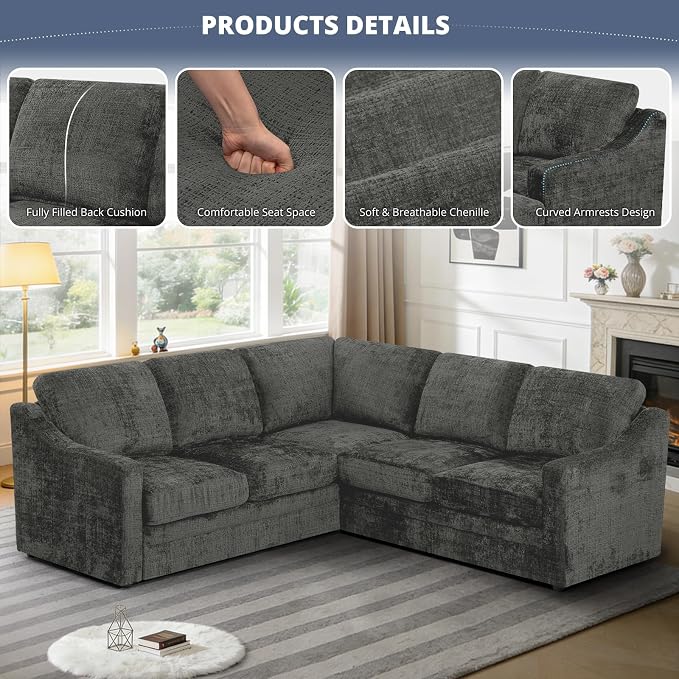 89" Chenille Sectional Sofa with High Density Sponge, Modern 5 Seats Corner Couch with Deep Seat, Comfy Modular L Shaped Couch with Comfortable Back Cushions for Living Room, Grey