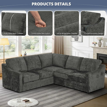 89" Chenille Sectional Sofa with High Density Sponge, Modern 5 Seats Corner Couch with Deep Seat, Comfy Modular L Shaped Couch with Comfortable Back Cushions for Living Room, Grey