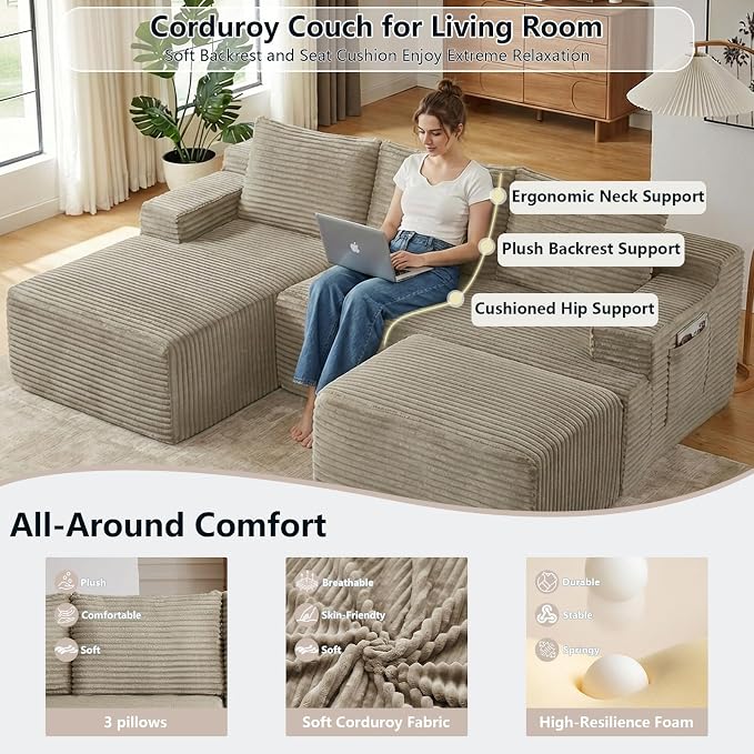 96" Cloud Sectional Couch U-Shaped Chaise with Ottoman, Corduroy Boneless Couch for Living Room Bedroom, Deep-Seat Upholstered Modular Cloud Sofa, No Assembly Required (Camel, Left Facing Chaise)