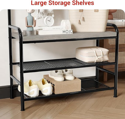 OUTLANE Hall Tree Shoe Bench for Entryway, Hall Tree with Bench and Shoe Storage, 4-in-1 Coat Rack Storage Bench with 8 Hooks, Freestanding Entryway Organizer for Hallway, Bedroom, Small Spaces, Grey