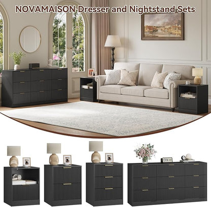 3-Piece Fluted Black Dresser and Nightstand Set, 63” Wide Bedroom Dresser Set Night Stand Set of 2 with Metal Handle, Modern Wood Chest of Drawers Storage Dressers Set for Bedroom, Black