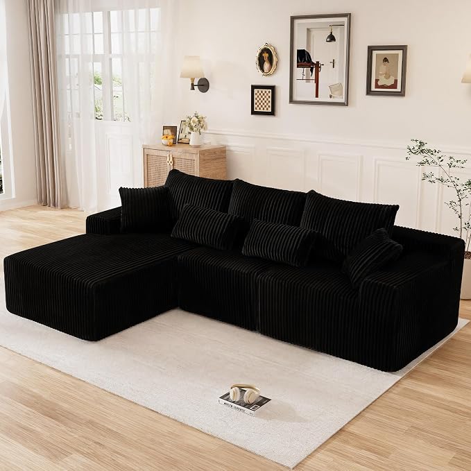 110" L Shaped Cloud Boneless Sectional Couches for Living Room, Modern Comfy Modular Deep Seat Memory Foam Compressed Corduroy Sofa Oversized Left Facing Chaise, No Assembly Required, Balck