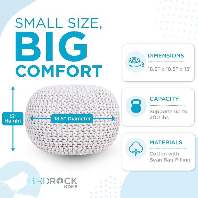 BIRDROCK HOME Round Pouf Ottoman Foot Rest - 18.5”x18.5”x15” Boho Compact Comfortable Soft Cotton Braided Foot Stool with Bean Bag Filling for Living Room, Bedroom, or Nursery (Ivory)
