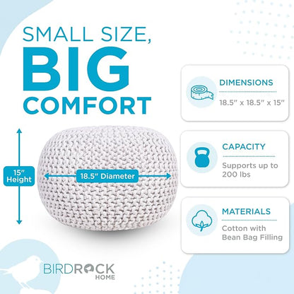 BIRDROCK HOME Round Pouf Ottoman Foot Rest - 18.5”x18.5”x15” Boho Compact Comfortable Soft Cotton Braided Foot Stool with Bean Bag Filling for Living Room, Bedroom, or Nursery (Ivory)