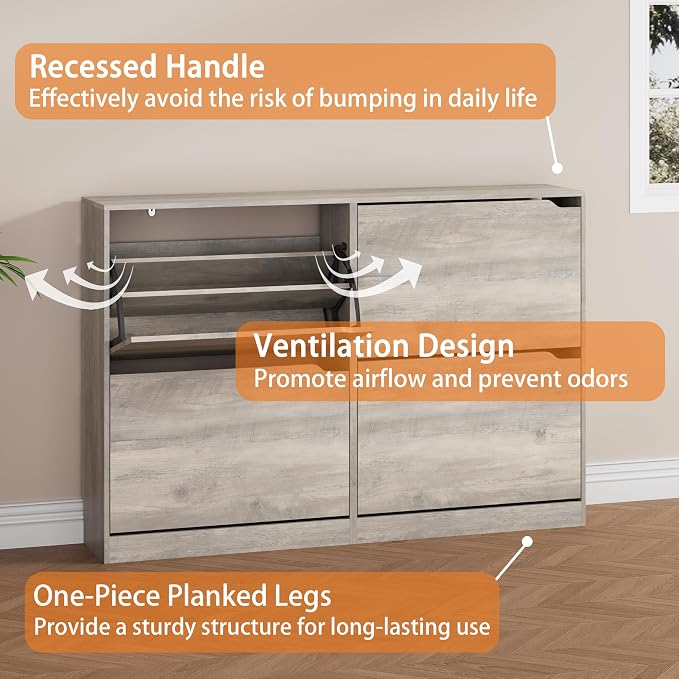 Shoe Storage Cabinet, Wood Shoe Organizer for Entryway with 3 Flip Drawers, Freestanding Shoe Rack with Adjustable Shelf, Narrow Shoe Dresser for Front Door Entrance (Grey, 4 Drawers)