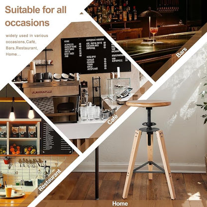 LOKKHAN Adjustable Height Swivel Bar Stool - Industrial Rustic Style, Solid Oak Wood Seat and Frame, 24.8"-28.7", Natural Finish, Anti-Slip Pads - Perfect for Kitchen, Bar, Counter, Home - Heavy Duty