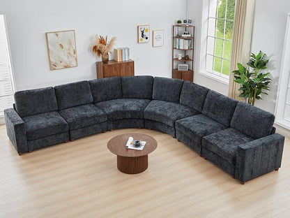 ORRD Oversized Curved Sectional Sofa, Convertible L Shaped Couch with Deep Seat, Boucle Modular Sectional Sofa with Pillows, Curved Chenille Comfy Corner 6 Seat Couch for Living Room, Black Blue