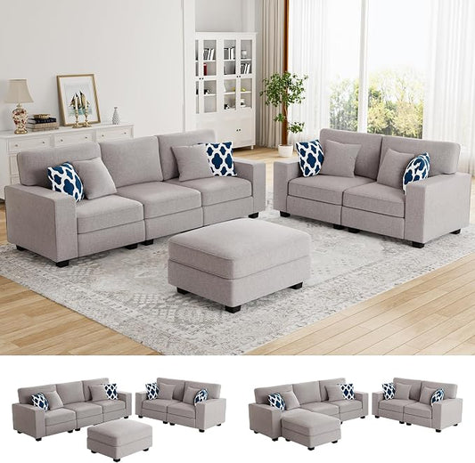 Legend Vansen Oversized Modular Sectional Sofa,U/L‑Shaped Reversible Couch with Ottoman,Deep Seat Plush Polyester Sofa for Living Room,6‑Seater,Light Grey