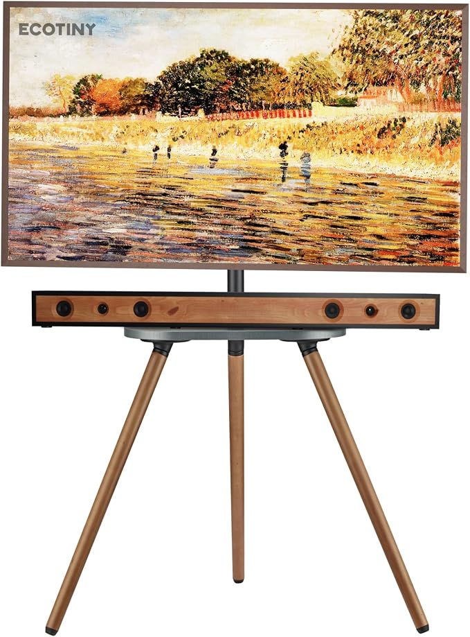 Tripod Easel TV Stand for 43–65 Inch TVs, Height Adjustable Swivel Floor Stand with Wood Shelf and Cable Management, VESA 400x400, Minimalist Black Walnut