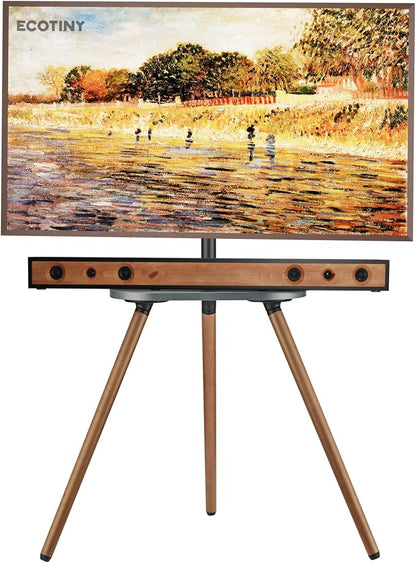 Tripod Easel TV Stand for 43–65 Inch TVs, Height Adjustable Swivel Floor Stand with Wood Shelf and Cable Management, VESA 400x400, Minimalist Black Walnut