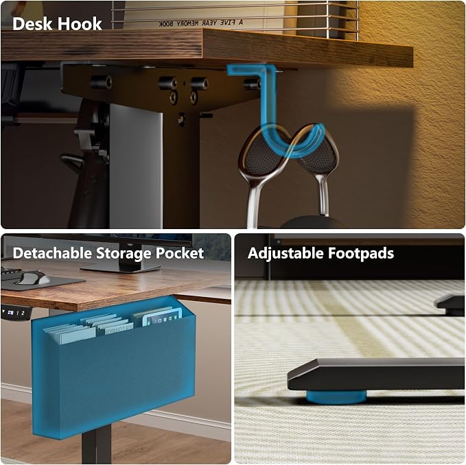 Korfile 63” L Shaped Electric Standing Desk, Height Adjustable Computer Desk with LED Screen & Memory Presets, Ergonomic Sit to Stand Desk with Headphone Hook for Home, Office and Workstation, Brown