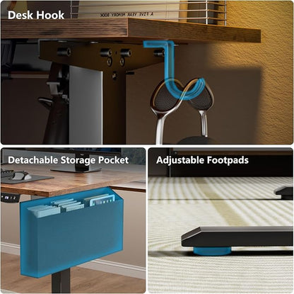 Korfile 63” L Shaped Electric Standing Desk, Height Adjustable Computer Desk with LED Screen & Memory Presets, Ergonomic Sit to Stand Desk with Headphone Hook for Home, Office and Workstation, Brown