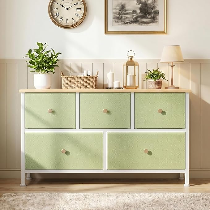 OLIXIS 5 Drawer Dresser for Bedroom, Storage Organizer Unit for Closet | Chest of Drawers for Clothes Storage with Bins, Wide Fabric Bedroom Dresser, Wooden Top, Living Room, Light Green