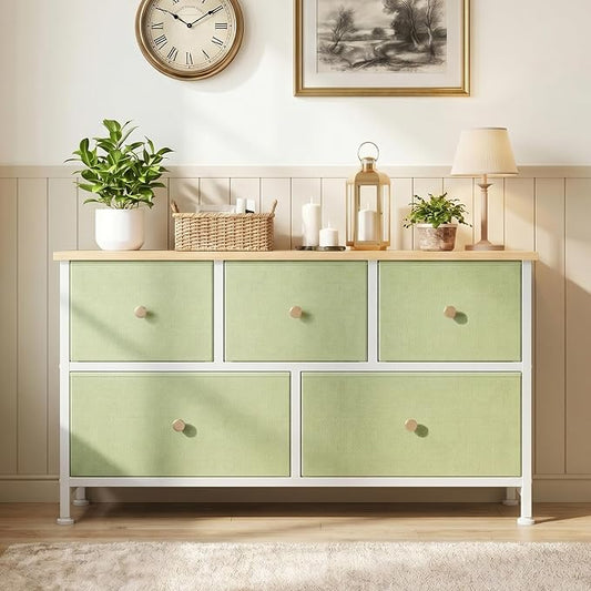 OLIXIS 5 Drawer Dresser for Bedroom, Storage Organizer Unit for Closet | Chest of Drawers for Clothes Storage with Bins, Wide Fabric Bedroom Dresser, Wooden Top, Living Room, Light Green