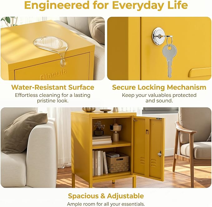 Single Door Lockable Metal End Table & Children's Bedside Table, 2-Tier Storage Cabinet with Adjustable Shelf, Easy Assembly Side Table for Living Room Bedroom Home Office Yellow