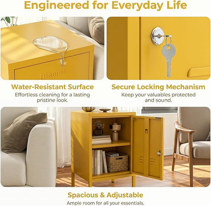 Single Door Lockable Metal End Table & Children's Bedside Table, 2-Tier Storage Cabinet with Adjustable Shelf, Easy Assembly Side Table for Living Room Bedroom Home Office Yellow