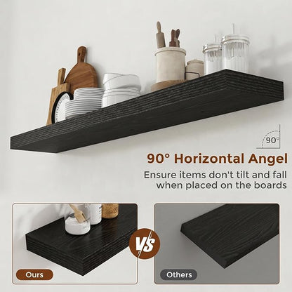 Heimlove 51 Inch Floating Shelves for Wall 8 Inch Deep Black Shelves Set of 2,Wall Mounted Rustic Wood Long Floating Shelf，Large Display & Storage Shelf with Invisible Brackets